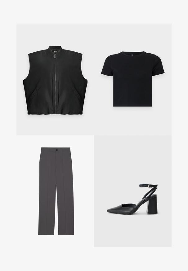 Schwarwest ärmellose Zip-Weste mit geripptem Kragen und zwei vorderen Taschen mit Druckknöpfen, flach auf einem weißen Hintergrund ausgelegt.; Schwarzes T-Shirt mit kurzen Ärmeln aus weicher Baumwolle. Hat einen runden Ausschnitt und ein tailliertes Design. Glatte Textur ohne Muster oder Akzente.; Graue Hose im geraden Schnitt, mit zwei seitlichen Taschen und einem Knopfverschluss. Glattes Material ohne sichtbare Muster oder Akzente.; Schwarze Leder-Pumps mit spitzer Zehe, einem Knöchelriemen und einem blockigen Absatz. Flache Textur, elegantes Design und minimalistische Ästhetik.