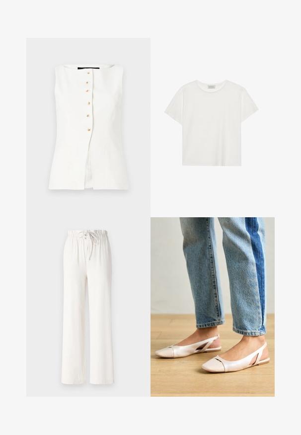 Bluză albă fără mâneci, cu decolteu rotund, șapte butoane bej pe față și două buzunare laterale pentru un plus de detaliu.; Tricou alb cu mânecă scurtă, made din bumbac moale. Are un guler rotund și o croială lejeră. Design curat, fără modele sau accente vizibile.; Pantaloni albi cu picioare largi, confecționați dintr-un material moale, având un brâu cu șnur și o textură netedă. Fără modele sau embellishments vizibile.; Sandalete plate de un roz pal cu vârf ascuțit, realizate dintr-un material asemănător pielii, neted. Prezintă detalii decupate pe laterale și un toc plat.