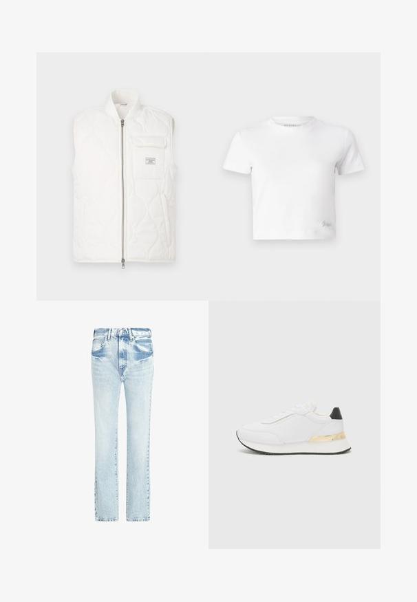 Balts quiltots ar augstu apkakli, priekšējo rāvējslēdzēju un krūšu kabatu. Tekstūrēta auduma un smalka raksta kombinācija veido vieglu dizainu.; Balts īsais T-krekls, izgatavots no gludas kokvilnas, ar augstu kakla izgriezumu un īsām piedurknēm. Neliels izšūts logo apakšējā stūrī.; Gai zili džinsi ar taisnu kāju dizainu, piecām kabatām un nolietotu tekstūru. Iekļauj redzamas šuves un klasisku pogu aizdari.; Baltas sporta apavs ar gludu virsmu, ar melnu papēža akcentu un zeltītu metāla detaļu uz vidus zoles. Saista dizains, gumijas zole.