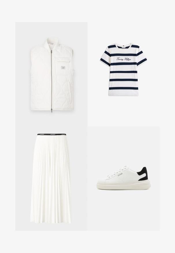 Bijela kapica s preklopom, visokim ovratnikom, prednjim patentnim zatvaračem i džepom na prsima. Teksturalna tkanina i suptilan uzorak stvaraju lagani dizajn.; Pamučna majica s horizontalnim tamnoplave pruge na bijeloj pozadini. "Tommy Hilfiger" izvezeno kurzivom na prsima. Okrugli izrez.; Nabrana bijela suknja s crnim elastičnim pojasom na kojem se nalazi logo "LACOSTE". Srednje dugačak dizajn s mekim teksturom.; Bijele kožne tenisice s debelim bijelim potplatom, crnim zamšastim akcentom na peti i ugraviranim logom sa strane. Dizajn s vezicama i šest rupa za vezivanje.