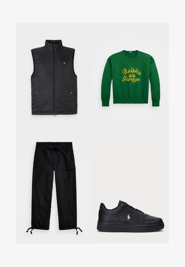 Black sleeveless vest made of quilted, lightweight material. Features a high collar, zip front, and two front pockets with snap closures.; Green sweatshirt with a rounded neckline, featuring yellow embroidered text "Ralph’s Garage" and checkered flag details. Cotton blend material.; Black cargo pants with elastic waistband and drawstring. Features side pockets and adjustable cuffs with toggles. Made of lightweight fabric.; Black leather sneakers with a perforated design, flat lace-up closure, and a white embroidered logo on the side. Thick black rubber sole.
