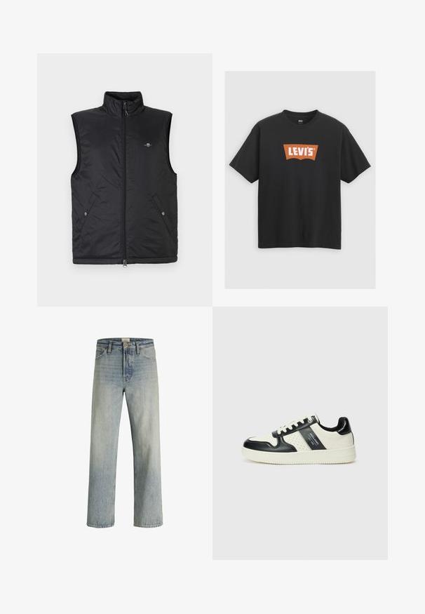Črna brezrokavnik iz prešitega, lahkega materiala. Ima visok ovratnik, zadrgo spredaj in dva sprednja žepa s sponkami.; Črna bombažna majica s kratkimi rokavi, ki ima spredaj velik oranžen logotip Levi's in krožni izrez.; Svetlo modri traper hlače z ravnim krojem, visokim pasom in subtilnim zbledelostjo. Imajo pet žepov in tradicionalno gumbasto zadrgo.; Usnjeni športni čevlji z črno in krem barvno shemo, ki vključujejo perforirane dodatke, podložen ovratnik in strukturirano podplat.