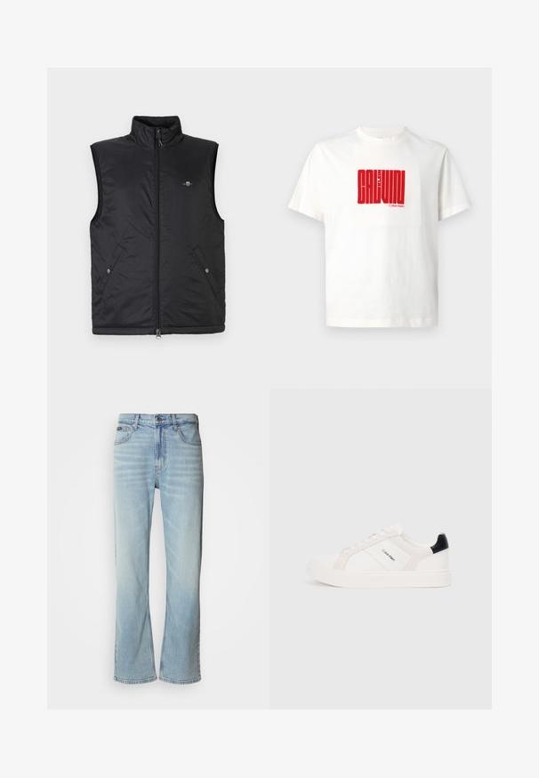 Vestă neagră fără mâneci din material ușor matlasat. Dispune de un guler înalt, fermoar frontal și două buzunare frontale cu închideri cu capse.; Tricou alb din bumbac cu un imprimeu roșu mare al textului "CALVIN KLEIN" pe față, cu guler rotund și mâneci scurte.; Jeans din denim de culoare albastru deschis, cu un croi drept, având cinci buzunare, închidere cu nasture și estompare subtilă pe material.; Tenesi albi cu detalii roz deschis și negre, având panouri din piele netedă și suede, vârf rotund și talpă plată din cauciuc.