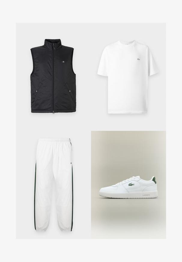 Svart ärmlös väst av vadderat, lätt material. Har hög krage, dragkedja fram och två framfickor med tryckknappar.; Vit bomull t-shirt med rund hals och korta ärmar. Har en liten svart Lacoste-logotyp på vänster sida av bröstet.; Vita träningsbyxor med mörkgröna sidopaneler. Lätt material, elastisk midjeband och nedhasade fållar. Har nätstruktur på sidopanelerna.; Vita lädersneaker med en slät yta, gröna detaljer på hälen och en grön logotyp på sidan. Har en platt sula och rund tå.