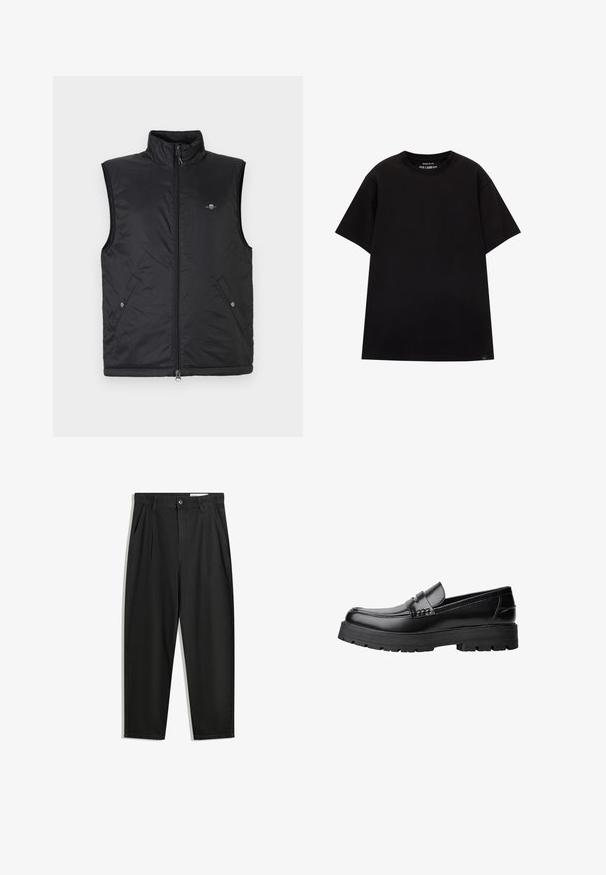 Vestă neagră fără mâneci din material ușor matlasat. Dispune de un guler înalt, fermoar frontal și două buzunare frontale cu închideri cu capse.; PULL&BEAR JOIN LIFE - Tricou basic - black; Pantaloni negri din bumbac cu croială lejeră, având un brâu clasic, plii frontale și buzunare laterale. Textură netedă fără modele.; Mocasini din piele neagră, cu talpă groasă și profilată și bandă decorativă pe partea superioară, prezentati din profil stâng pe fundal alb.