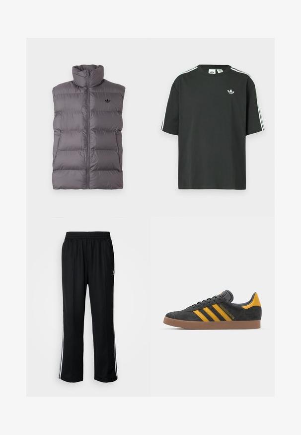 Colete acolchoado sem mangas em cinza escuro, com colarinho alto, zíper frontal, bolsos laterais e pequeno logotipo preto no lado esquerdo do peito.; T-shirt preta de algodão com mangas curtas, gola redonda e detalhe branco de três riscas nos ombros. Apresenta um pequeno logotipo branco no peito.; Calças atléticas pretas com um cós elástico, apresentando riscas brancas laterais e um pequeno logótipo. O material parece macio e leve.; Tenis em camurça preta com detalhes amarelos, apresentando três riscas e uma sola de borracha castanha. Inclui uma língua acolchoada para maior conforto.