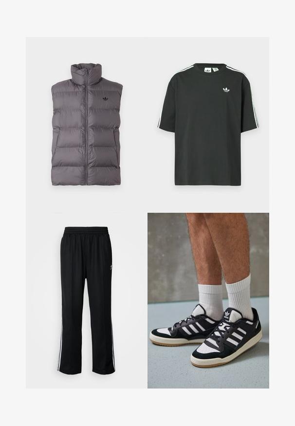 Colete acolchoado sem mangas em cinza escuro, com colarinho alto, zíper frontal, bolsos laterais e pequeno logotipo preto no lado esquerdo do peito.; T-shirt preta de algodão com mangas curtas, gola redonda e detalhe branco de três riscas nos ombros. Apresenta um pequeno logotipo branco no peito.; Calças atléticas pretas com um cós elástico, apresentando riscas brancas laterais e um pequeno logótipo. O material parece macio e leve.; Ténis em preto e branco com upper em camurça e couro, apresentando três riscas brancas, um toe perfurado e uma sola em borracha de goma.