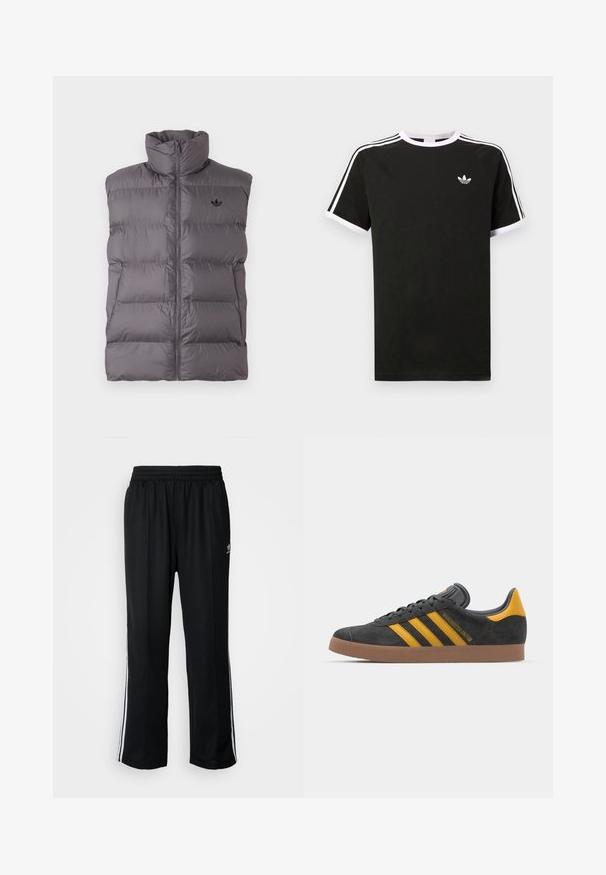 Σκούρο γκρι άνετος γιλέκο χωρίς μανίκια με ψηλό γιακά, μπροστινό φερμουάρ, πλαϊνές τσέπες και μικρό μαύρο λογότυπο στο αριστερό στήθος.; Μαύρο μπλουζάκι φτιαγμένο από βαμβάκι με άσπρες λεπτομέρειες. Διαθέτει κοντά μανίκια, ράγκλαν σχέδιο και ένα μικρό λογότυπο στο στήθος. Τρεις άσπρες ρίγες στους ώμους.; Μαύρο αθλητικό παντελόνι με ελαστική μέση, διαθέτει λευκές ρίγες στο πλάι και ένα μικρό λογότυπο. Το υλικό φαίνεται μαλακό και ελαφρύ.; Μαύρο σουέτ αθλητικό παπούτσι με κίτρινες λεπτομέρειες, διαθέτει τρεις ρίγες και καφέ λάστιχο σόλα. Περιλαμβάνει επενδυμένη γλώσσα για άνεση.