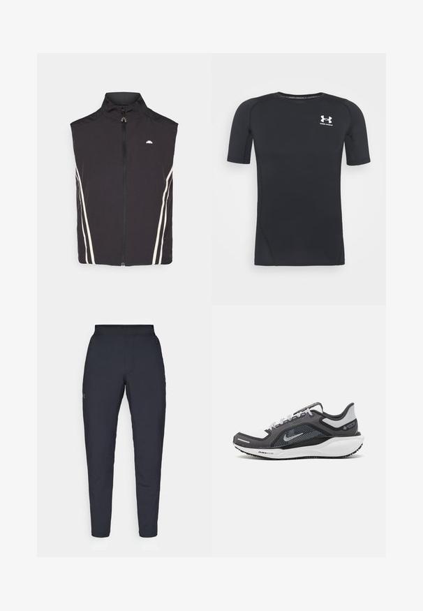 Chaleco sin mangas negro con cuello alto, que presenta un cierre frontal y dos franjas laterales blancas. Ligero, de textura suave y con un mínimo de marcas.; Camiseta atlética negra de manga corta hecha de un tejido que absorbe la humedad y es elástico. Cuenta con un cuello redondo y un pequeño logo blanco en el pecho.; Pantalones deportivos negros con una textura suave, corte ajustado, cinturilla elástica y bolsillos laterales. Presentan un pequeño logo en el muslo izquierdo.; Zapatilla deportiva negro y gris con parte superior de malla, acentos reflectantes y una entresuela blanca. Presenta una suela de goma texturizada y cordones.