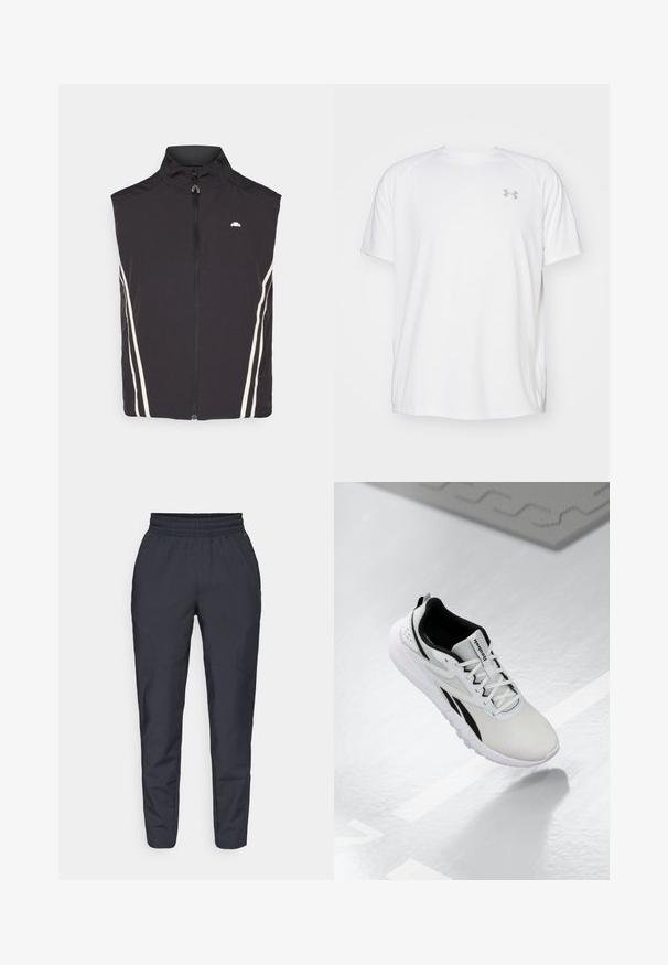 Čierny bezrukávový sveter s vysokým golierom, obsahujúci predný zips a dva biele bočné pruhy. Ľahký, hladký materiál a minimálne označenie značky.; Biele atletické tričko s krátkym rukávom vyrobené z hladkej tkaniny. Má okrúhly výstrih a šedé logo na ľavej hrudi, so štrbinami po stranách na leme.; Námořnické zúžené kalhoty vyrobené z jemné tkaniny, s elastickým pasem, bočními kapsami a hladkou texturou s jemnými prošitími.; Svetlošedá športová topánka s čiernymi akcentmi, textúrovaný vrch z textilu, polstrovaná podrážka a šnurovací systém. Obsahuje pútko na päte.