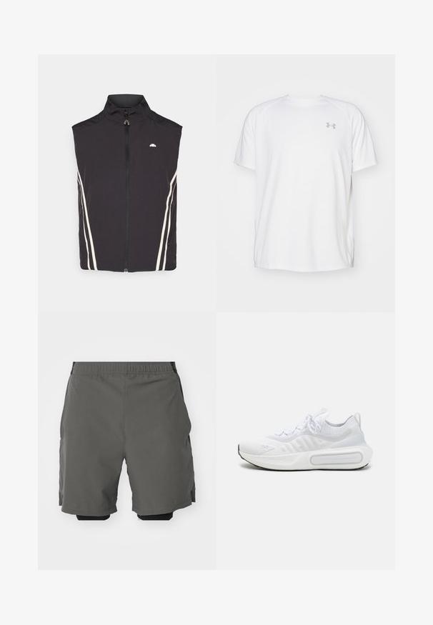 Colete preto sem mangas com gola alta, apresentando um fecho éclair frontal e duas riscas brancas laterais. Leve, com textura suave e pouca marcação.; Camisola atlética de mangas curtas brancas, feita de um tecido suave. Apresenta um decote redondo e um logótipo cinza no lado esquerdo do peito, com aberturas laterais na barra.; Calças curtas atléticas cinzentas com um tecido leve e suave, cintura elástica, com calções de compressão interiores e bolsos laterais.; Sapatilha desportiva branca com um upper em malha texturizada, fecho com atacadores, sola almofadada e um detalhe de marcação distintiva na lateral.