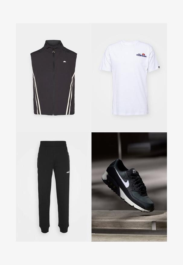 Black sleeveless vest with a high collar, featuring a front zipper and two white side stripes. Lightweight, smooth texture, and minimal branding.; White cotton t-shirt with short sleeves, featuring a navy blue embroidered logo on the left chest and a vibrant color accent above the logo.; Black sweatpants made of soft fabric feature a tapered leg design, elastic waistband, side pockets with zippers, and a small logo accent.; Black and green sneaker with a patterned mesh upper, white swoosh logo, padded collar, and a visible air cushioning unit in the sole.