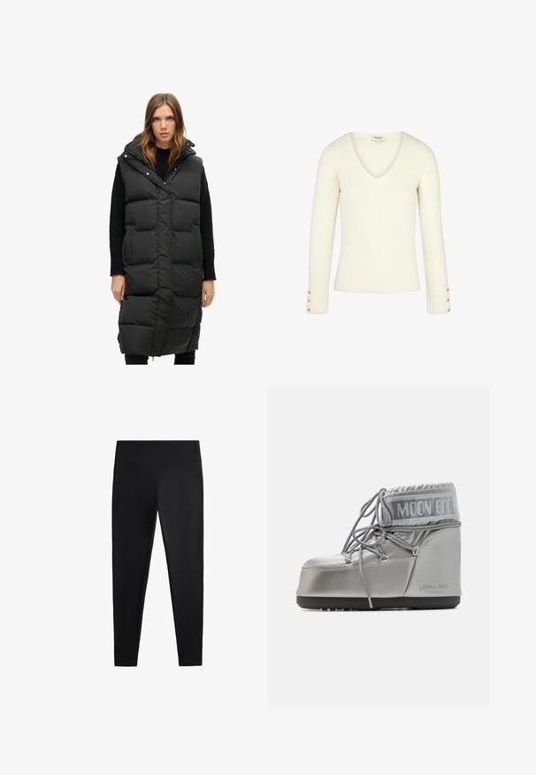 Czarna kamizelka puchowa z kapturem, z wzorem diamentowego pikowania, zapinana na zamek z przodu i z bocznymi kieszeniami. Długa długość, gładka tekstura i brak widocznego metalowego wykończenia.; Biały sweter z prążkowanej tkaniny w serek, z długimi rękawami i złotymi guzikami na mankietach. Miękka tekstura i dopasowany krój.; Czarne legginsy wykonane z gładkiego, elastycznego materiału. Posiadają szeroki pas oraz zwężany krój nogawek, odpowiednie zarówno do aktywności fizycznej, jak i na co dzień.; Srebrny wodoodporny but o zaokrąglonym kształcie, teksturowanym wykończeniu i szarych sznurówkach. Posiada wyraźne logo "MOON BOOT" na górnej części.