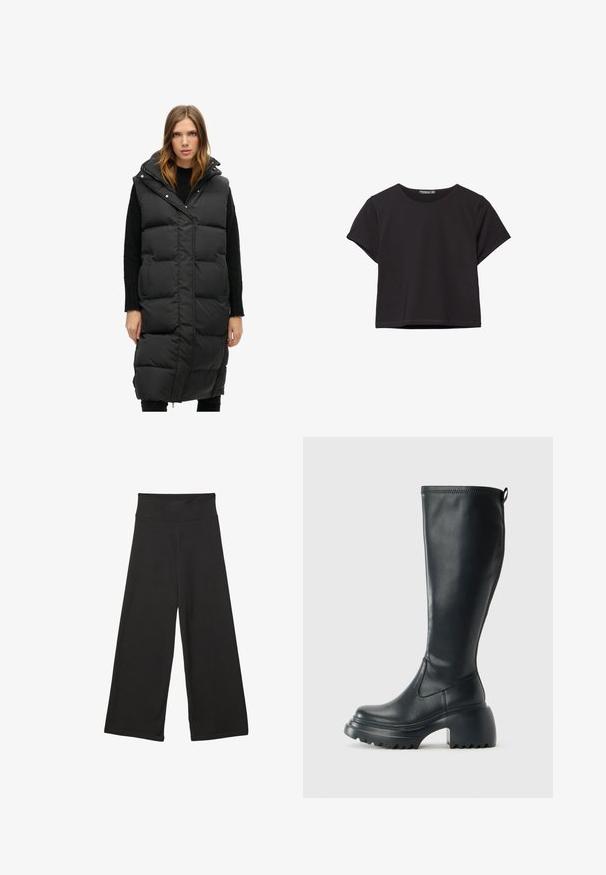 Schwarze Steppweste mit Kapuze, mit einem Rautenmuster, Reißverschluss vorne und seitlichen Taschen. Lange Länge, glatte Textur und keine sichtbaren Beschläge.; Schwarzes kurzärmliges Crop-Top aus weichem Stoff, mit rundem Halsausschnitt und einem lässigen Schnitt mit einem sauberen Saum.; Schwarze weit geschnittene Hosen mit einem hohen elastischen Bund, weichem Stoff und lockerer Passform, geeignet für legere Anlässe oder entspannte Umgebungen.; Hoher schwarzer Lederstiefel mit einer robusten Plateausohle und Blockabsatz, der über eine Zuglasche und ein strukturiertes Profil an der Außensohle verfügt.