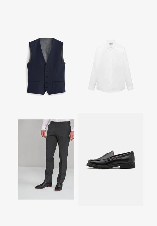Marineblaues Weste mit V-Ausschnitt, ausgestattet mit sechs Knöpfen, zwei vorderen Taschen und einem glatten Innenfutter. Taillierte Passform, ohne Ärmel.; Weißes Langarmhemd aus glattem Stoff, mit klassischem Kragen, Knopfleiste und abgerundetem Saum. Minimalistisches Design ohne Muster.; Grau maßgeschneiderte Hosen mit glatter Textur, flachem Vorderteil und Gürtelschlaufen, kombiniert mit schwarzen Schnürschuhen.; Schwarze synthetische Slipper mit einer markanten gesteppten Vorderseite, gepolstertem Fußbett und flacher Gummisohle; schlankes Design mit minimaler Detailverarbeitung.