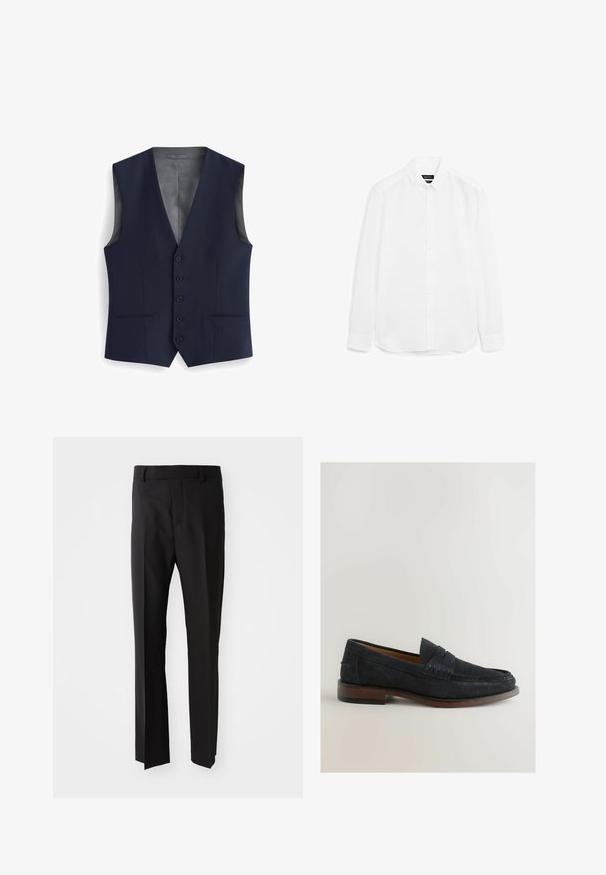 Marineblaues Weste mit V-Ausschnitt, ausgestattet mit sechs Knöpfen, zwei vorderen Taschen und einem glatten Innenfutter. Taillierte Passform, ohne Ärmel.; Weißes Langarmhemd aus glattem Stoff, mit button-up Front, spitzem Kragen und abgerundetem Saum mit geknöpften Bündchen.; Schwarze Hose mit geradem Schnitt, aus glattem Stoff gefertigt, mit Gürtelschlaufenbund und Seitentaschen. Keine sichtbaren Muster oder Akzente.; Marineblaue Wildleder-Lederwaren mit gesticktem Akzent und einem niedrigen braunen Holzabsatz. Abgerundete Zehenpartie und schlüpfendes Design ohne sichtbare Beschläge.