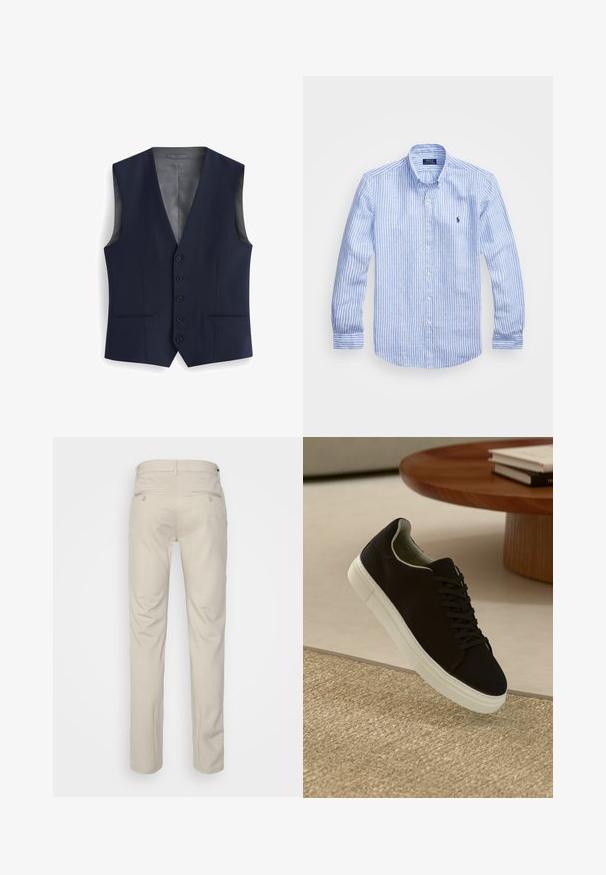 Marineblaues Weste mit V-Ausschnitt, ausgestattet mit sechs Knöpfen, zwei vorderen Taschen und einem glatten Innenfutter. Taillierte Passform, ohne Ärmel.; Blau-weißer gestreifter Langarmshirt aus Baumwolle mit einem Button-Down-Kragen, Frontknöpfen und einem kleinen gestickten Logo auf der Brust.; Beige Hosen mit glatter Textur, geradem Schnitt, zwei Gesäßtaschen mit Knöpfen und einem normalen Bund.; Schwarze Sneakers mit weißer Sohle, die über einem beige strukturierten Teppich schweben, in der Nähe eines runden Holztisches mit gestapelten Büchern.