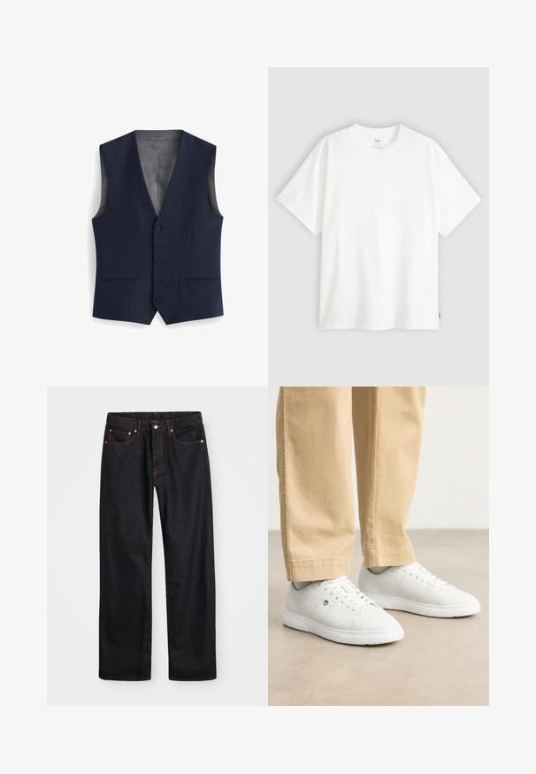 Granatowa kamizelka o dekolcie w serek, z sześcioma guzikami, dwoma przednimi kieszeniami i gładką podszewką. Dopasowany krój, bez rękawów.; Biała koszulka z krótkim rękawem wykonana z bawełny, z okrągłym dekoltem. Posiada subtelny wytłoczony logo z przodu oraz czerwoną metkę na dolnym brzegu.; Męskie jeansy w prostym kroju, czarne, z pięcioma kieszeniami oraz pomarańczowymi strefami, z zapięciem na guzik i zamek z przodu w pasie.; Białe skórzane sneakersy o gładkim wykończeniu, z okrągłym noskiem, sznurowanym designem i subtelnym logo po boku, w połączeniu z beżowymi spodniami.