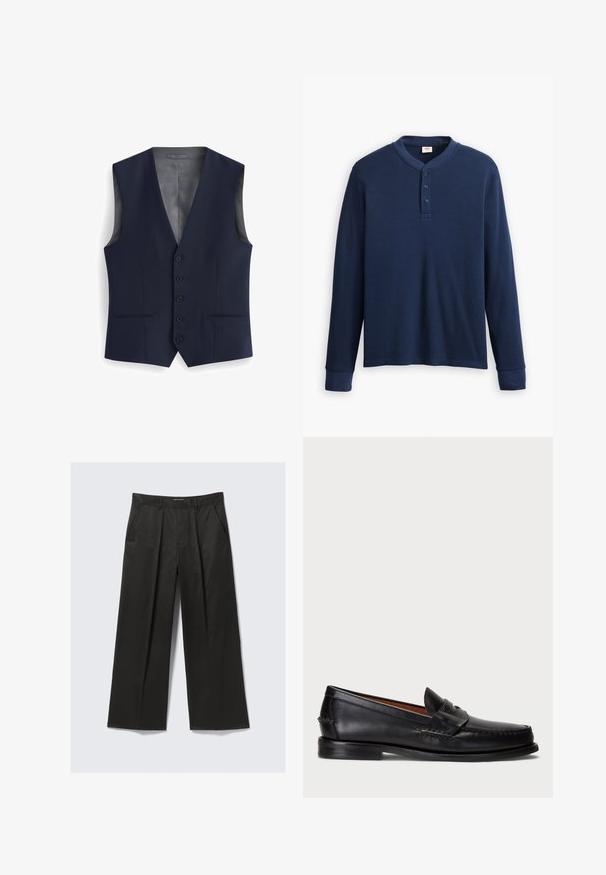 Vest de marină cu un design în formă de V, cu șase nasturi, două buzunare frontale și un căptușeală interioară netedă. Croială adaptată, fără mâneci.; Cămașă henley cu mânecă lungă de culoare bleumarin, confecționată dintr-un material tip plasă. Prezintă un decolteu rotund și o față cu trei butoni. Manșetele sunt ajustate.; Pantaloni negri cu croială largă, cu o textură netedă, având două buzunare frontale și o talie ușor ridicată.; Mocasini din piele neagră cu vârful rotunjit, detalii cusute și o curea decorativă în partea din față. Talpă plată cu un profil minim.