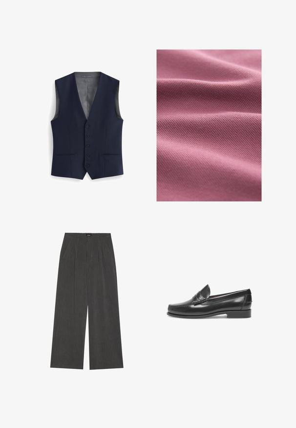 Marine vest met een V-hals ontwerp, voorzien van zes knopen, twee voorkanten zakken en een gladde binnenvoering. Slank gesneden, zonder mouwen.; Lichtroze textiel met een subtiele weving, dat zachte, golvende plooien en een glad oppervlak toont.; Wijde broek in donkergrijs stof, met een geplooide voorkant, twee zijzakken en een vlakke tailleband. Glad oppervlak en gepaste ontwerpelementen.; Zwarte leren instappers met een ronde neus, gestikte details en een kleine accentband. Platte zool met een lichte hak. Gladde textuur.