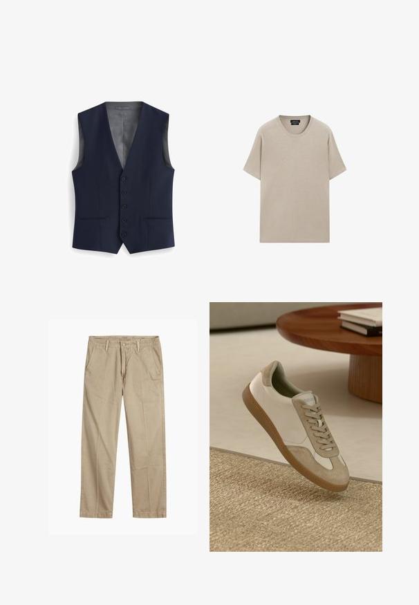 Granatowa kamizelka o dekolcie w serek, z sześcioma guzikami, dwoma przednimi kieszeniami i gładką podszewką. Dopasowany krój, bez rękawów.; Beżowy bawełnowy t-shirt z okrągłym dekoltem, krótkim rękawem i luźnym krojem. Gładka faktura z jednolitym wzorem, bez widocznych wzorów ani akcentów.; Beżowe chinosy o prostym kroju z pętlami na pasek, przednim zapięciem na guzik i zamek błyskawiczny oraz skośnymi kieszeniami z przodu.; Lekka sneaker z białą skórzaną cholewką, beżowymi zamszowymi akcentami, okrągłym noskiem i teksturowaną brązową gumową podeszwą.