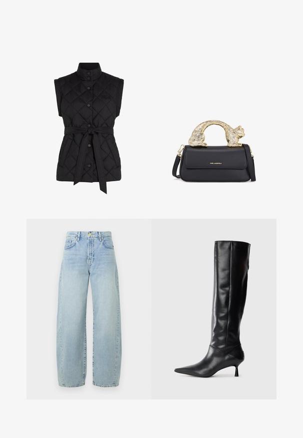 Svart, ärmlös vadderad väst med hög krage, toggleknappar, justerbart bälte och sidofickor. Har en diamantsöm på tyget.; Svart rynkad klänning av texturerat tyg, med flera lager och en samlad halsringning som skapar en voluminös silhuett.; Ljusblå denim byxor med vida ben och hög midja, lätt blekning, fem fickor och detaljer i guldton. Sömmen är rak och ofärdig.; Svart läderknähigh boot med spetsig tå och smal, böjd klack. Slät textur, åtsittande design och ingen synlig hårdvara eller mönster.; Svart läderhandväska med ett guldkattsformat handtag, med en främre klaff, justerbar rem och logodetalj på den nedre framsidan.