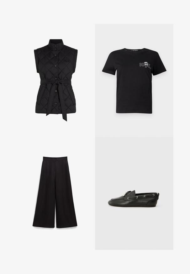 Svart, ermeløs quiltet vest med høy krage, toggleknepping, justerbart belte og sidelommer. Har diamantmønster på stoffet.; Svart kortermet t-skjorte laget av bomull. Har et hvitt grafisk trykk med teksten "KARL" og en stilisert figur på brystet. Rund hals.; Sorte brede bukser med en glat overflade, en knaplukning i taljen og en afslappet pasform. Ingen synlige mønstre eller accenter.; Sorte lærbådsko med rund tå, snøring foran, metaløjer og flad sål. Har en lille lap bagpå.
