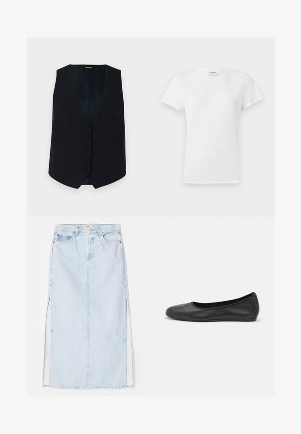 Marineblauwe op maat gemaakte vest met een V-hals, zes knopen aan de voorkant en een enkele borstzak. Glad stof en gestreepte binnenvoering.; Witte katoenen t-shirt met ronde hals en korte mouwen, met een relaxed fit en een minimalistisch ontwerp. Etiket zichtbaar aan de hals.; Lichtblauwe denim maxi rok met een rechte snit, voorzien van zijsplits en een ontwerp met vijf zakken. Opvallende stiksels en metalen knoopsluiting.; Zwarte leren ballerina met een ronde neus, gladde textuur, minimale stikdetails en een flexibele zoolontwerp.