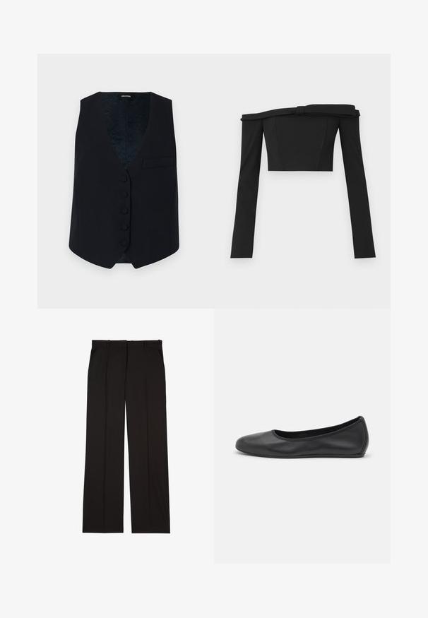 Navaliku kujundusega vest V-kaelusega, kuue esipainutusega nupu ja ühe rinnataskuga. Sile kangas ja mustriline sisevooder.; Must musta õlgadelt avatud lühike topp pikkade varrukatega, millel on struktureeritud disain ja sõlmese võtted kaeluses, valmistatud siledast kangast.; Mustad kohandatud püksid sujuvast kangast, sirge jala disainiga ja kahe küljetaskuga. Elegantne ja minimalistik ehitus.; Musthave mustika tantsutossud mustast nahast, ümmarguse varbaga, siledast tekstuurist, minimaalse õmblusdetailiga ja paindliku tallakujundusega.