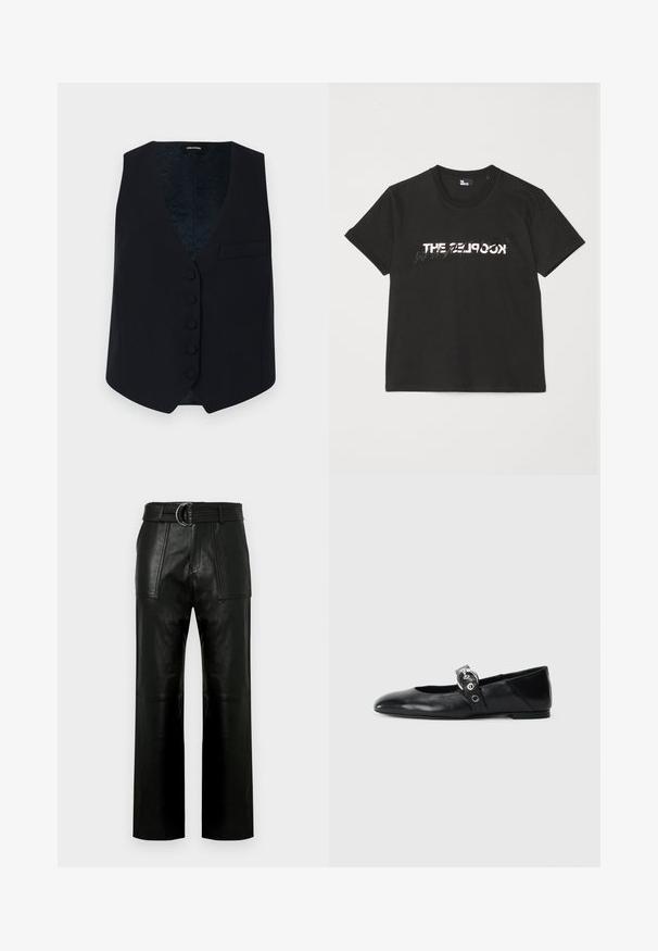 Gilet bleu marine ajusté avec un décolleté en V, six boutons sur le devant et une poche poitrine unique. Tissu lisse et doublure intérieure à motifs.; T-shirt en coton noir à manches courtes, avec un motif imprimé blanc et gris "THE 2LOOK" sur le devant. Encolure ras du cou classique.; Pantalons en cuir noir taille haute avec des jambes larges, grandes poches frontales et une ceinture assortie avec une boucle à double anneau.; Ballerines en cuir noir avec un bout pointu, dotées d'une sangle avec une boucle métallique circulaire et d'une semelle plate.