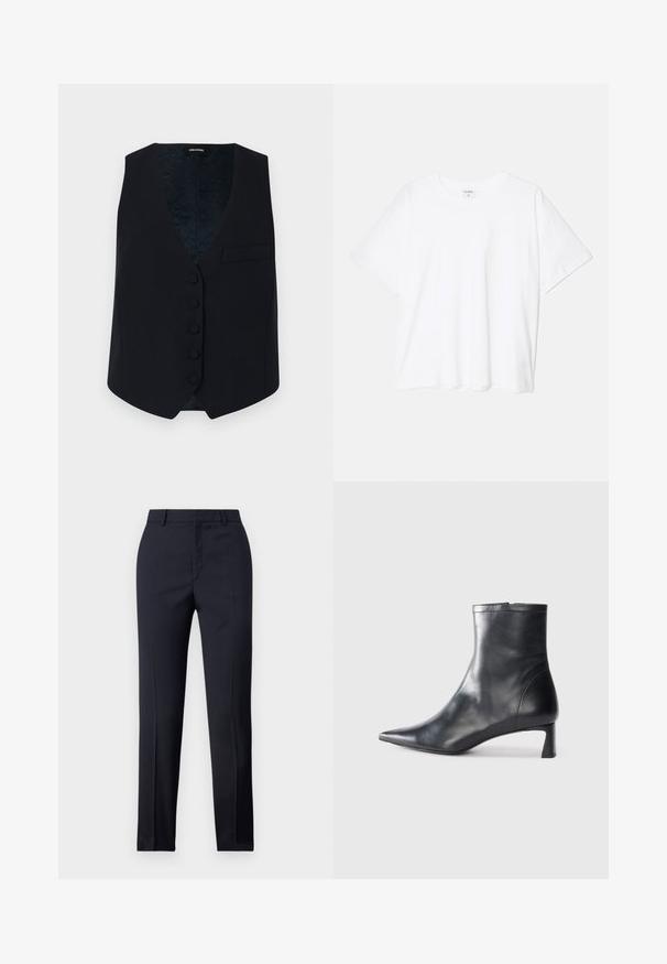 Mornarski sako s V izrezom, šest gumbića na prednjoj strani i jednim džepom na prsima. Glatka tkanina i uzorčana podstava.; Bijela pamučna majica s kratkim rukavima, okruglim izrezom, opuštenim krojem i šivenim rubom. Etiketa je vidljiva na unutarnjoj strani vrata.; Mornarsko plave krojene hlače ravnog kroja, sa glatkom teksturom, dvije prednje džepove i urednim pojasom.; Crne kožne gležnjače s uskim vrhom i elegantnim dizajnom. Imaju niski potpetak i zatvaranje na patentni zatvarač straga. Glatka tekstura.
