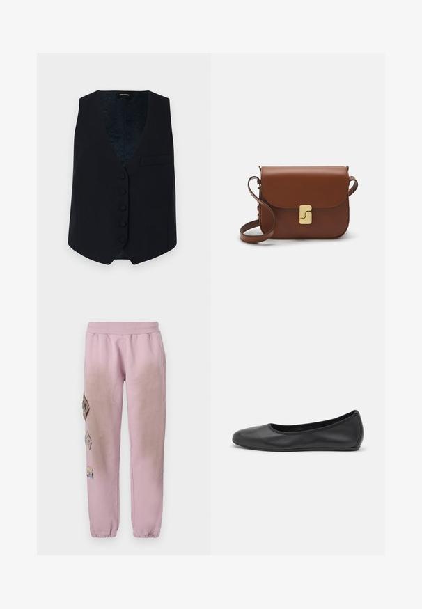 Marineblauwe op maat gemaakte vest met een V-hals, zes knopen aan de voorkant en een enkele borstzak. Glad stof en gestreepte binnenvoering.; Witte korte mouwen t-shirt van ribstof. Ronde halslijn, normale pasvorm en subtiele stiksels. Geen patronen of grafische elementen.; Roze sweatpants met een elastische tailleband, voorzien van decoratieve patches in ruitvorm aan de linkerkant en elastische boorden bij de enkel.; Zwarte leren ballerina met een ronde neus, gladde textuur, minimale stikdetails en een flexibele zoolontwerp.; Bruine leren handtas met een klep sluiting, gouden hardware, een schouderband en een gladde textuur. Compact rechthoekige vorm.