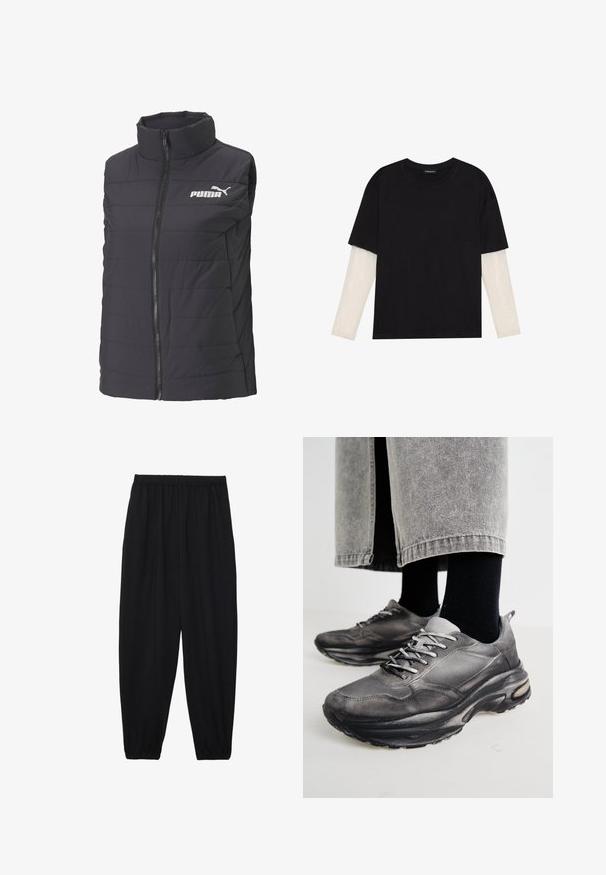 Black puffer vest with high collar, front zipper, and horizontal stitching. Features a white Puma logo on the left side.; Black T-shirt made of cotton, featuring short sleeves over a white long-sleeve layer with a subtle textured pattern. Crew neckline design.; Black, lightweight pants with an elastic waistband and gathered ankles. The fabric is smooth and features a relaxed, tapered design.; Black and gray athletic shoes feature a mesh upper, thick soles, and laces. They have a rounded toe and visible cushioning detail.