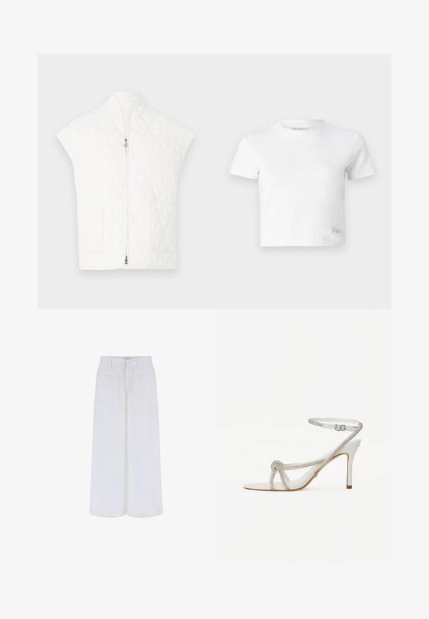 Bijela prsluk s prošivenim uzorkom s uspravnim ovratnikom, kratkim rukavima i patentnim zatvaračem sprijeda. Ima dva džepa na zakrpama. Glatka tekstura i uzorak u obliku dijamanata.; Bijela skraćena majica izrađena od glatkog pamuka, s visokim izrezom i kratkim rukavima. Mali izvezeni logo u donjem kutu.; Bijele hlače širokih nogavica s glatkom teksturom, sadrže dva prednja džepa i dugme za zatvaranje, dizajnirane za opušteni kroj.; Bijela sandala s visokom petom i teksturiranim remenom ukrašenim rhinestones, otvorenog prsta, s remenom oko gležnja i podesivom kopčom.