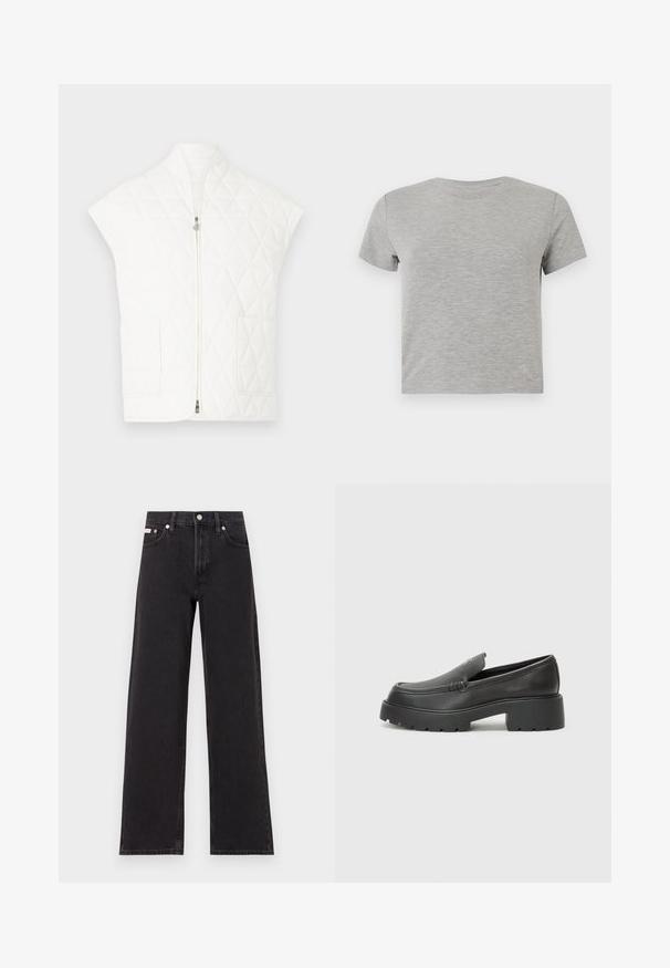 Colete branco acolchoado com gola alta, mangas curtas e fecho frontal de correr. Possui dois bolsos de aplicação. Textura lisa e padrão em diamante.; T-shirt cinza de manga curta feita de material suave, com decote redondo e um delicado logótipo de destaque no canto inferior direito.; Jeans de perna larga pretos feitos de denim, apresentando uma cintura alta, estilo de cinco bolsos e um fecho em botão de metal com costura contrastante.; Mocassins de couro preto com bico arredondado, sola espessa e texturizada, e detalhes de costura minimalistas. Design elegante sem atacadores ou ferragens visíveis.