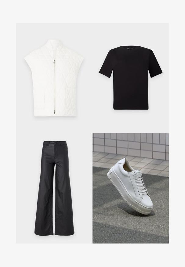 Bela prešita telovnik s stoječi ovratnik, kratkimi rokavi in sprednjim zadrgo. Ima dva žepa na nalepko. Gladek tekstur in vzorec v obliki diamantov.; Črna majica s kratkimi rokavi in okroglim izrezom, izdelana iz mehkega bombažnega materiala. Preprost dizajn, brez vidnih logotipov ali vzorcev.; Črne, širokoglede hlače iz umetnega usnja. Imajo visok pas, zanke za pas, dva sprednja žepa in šivano detajliranje.; Beli usnjeni športni copat z nizkim dizajnom, ravnimi vezalkami, zaobljenim nosom in teksturiranimi stranicami. Debel gumijast podplat z diskretnimi poudarki.