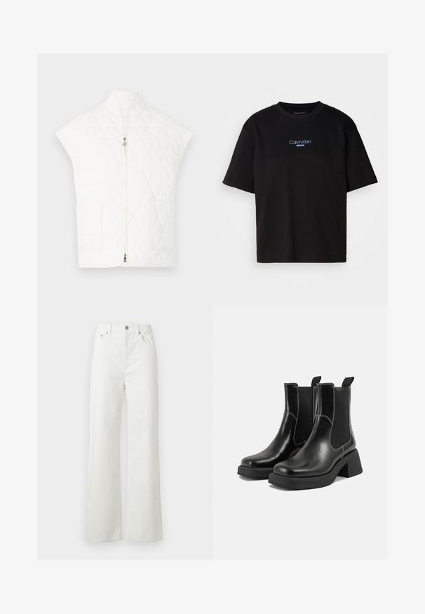 Colete branco acolchoado com gola alta, mangas curtas e fecho frontal de correr. Possui dois bolsos de aplicação. Textura lisa e padrão em diamante.; T-shirt preta de algodão com gola redonda, mangas curtas e logo bordado azul "Calvin Klein JEANS" na parte da frente.; Samsøe Samsøe SHELLY - Calças de ganga de corte relaxado - clear cream; Botas Chelsea em couro preto com um salto grosso, painéis laterais elásticos e costura branca em contraste. Acabamento texturizado.