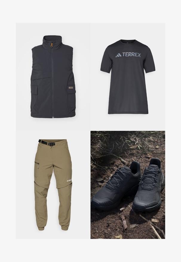 Mørk grå ermeløs vest med høy krage, frontglidelås og flere ytre lommer. Har et subtilt logo-patch og glatt tekstur.; Svart t-skjorte med kort erm laget av lett stoff, med en lys grå "TERREX" logo på tvers av brystet og rund hals.; Kakhifargede friluftsbukser med justerbart svart belte, glidelåslommer, avsmalnende ermer og avtagbare underben for variert styling.; Svarte atletiske sko med en strukturert strikket overdel, forsterket tå og polstret såle, utstilt på jordaktig grunn med spredte kvister.