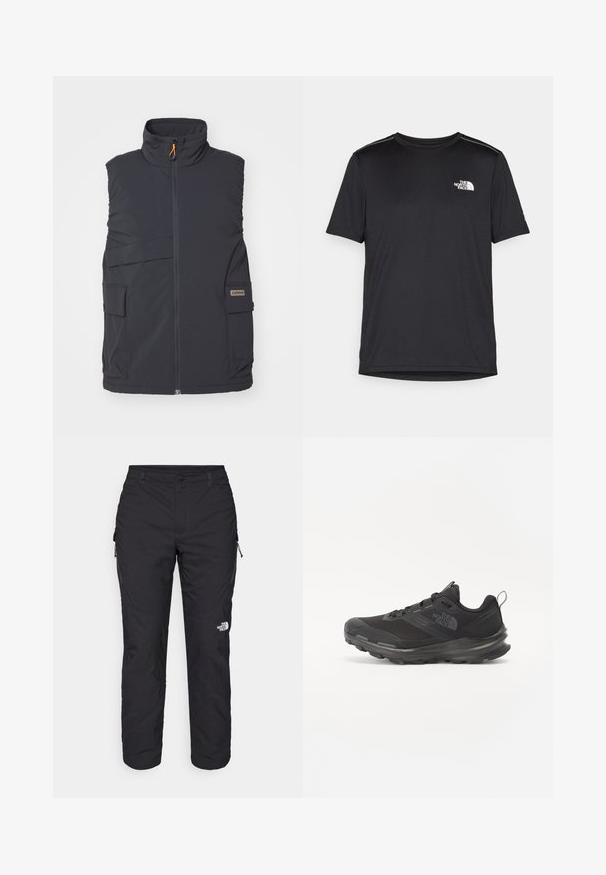 Tamno sivi prsluk bez rukava s visokim ovratnikom, prednjim zatvaračem i više vanjskih džepova. Ima suptilnu oznaku logotipa i glatku teksturu.; Crna majica kratkih rukava izrađena od lagane tkanine. Ima mali bijeli logo na lijevoj strani grudi i suptilne naglaske na ramenima.; The North Face WINTER EXPLORATION TAPERED CARGO - Hlače za otvoreno - black; Crne sportske tenisice s mrežastim gornjim dijelom, gumiranom potplatom i podstavljenim rubom. Imaju vezice, logo sa strane i teksturirani dizajn.