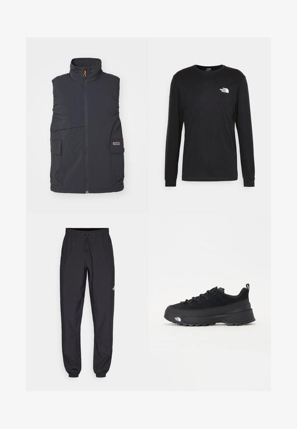 Mørk grå ermeløs vest med høy krage, frontglidelås og flere ytre lommer. Har et subtilt logo-patch og glatt tekstur.; Svart langermet t-skjorte i bomull, med en hvit logo på venstre bryst og ribbestrikkede mansjetter. Glatt tekstur med rund hals.; Sorte idrettsbukser laget av lett stoff, med snor i livet, sidelommer og smale mansjetter ved anklene.; Svart utendørs sneakers med overdel i semsket skinn, teksturert gummisåle og solid snøresystem. Har forsterket hæl og merkevarelogo på siden.