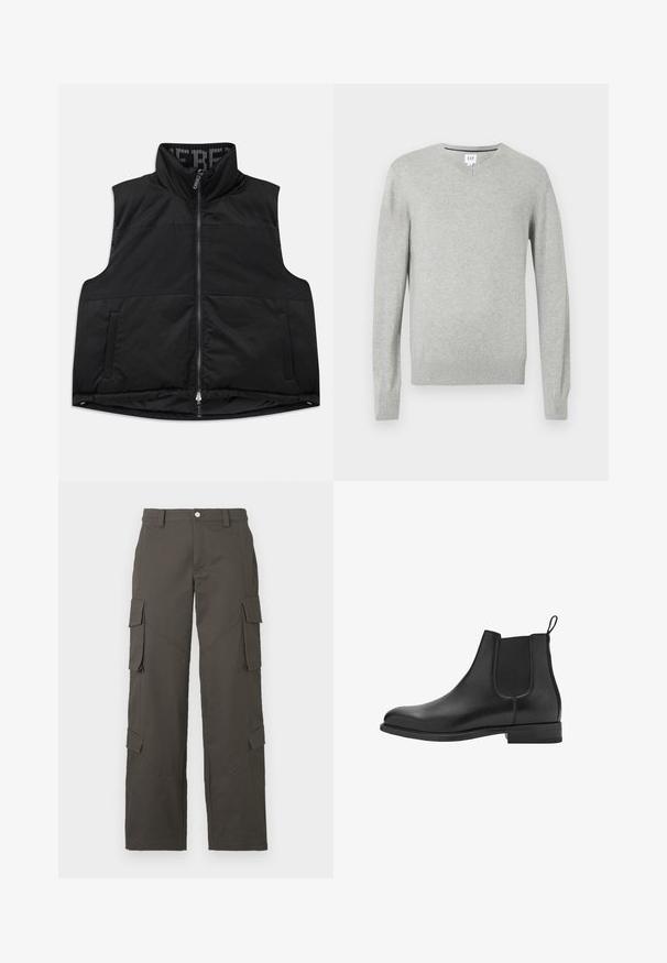 Vest negru fără mâneci, fabricat dintr-un material neted și căptușit. Dispune de un guler înalt, fermoar frontal și două buzunare laterale. Interiorul are o căptușeală cu un model.; Pulover gri deschis, design cu decolteu în V, mâneci lungi, cu manșete și tiv cu jerseu, textură moale. Eticheta brandului se află la guler.; Tricou alb din bumbac, cu mâneci scurte, guler rotund și textură netedă. Nu sunt vizibile modele sau accente.; Pantaloni cargo drepti, de culoare gri închis, cu închidere cu nasture și patru buzunare cu clapetă, două pe coapse și două aproape de gambe.; Bocanci Chelsea din piele neagră, cu panouri elastice laterale, vârf rotund și toc mic. Textură netedă și un design curat, minimalist.