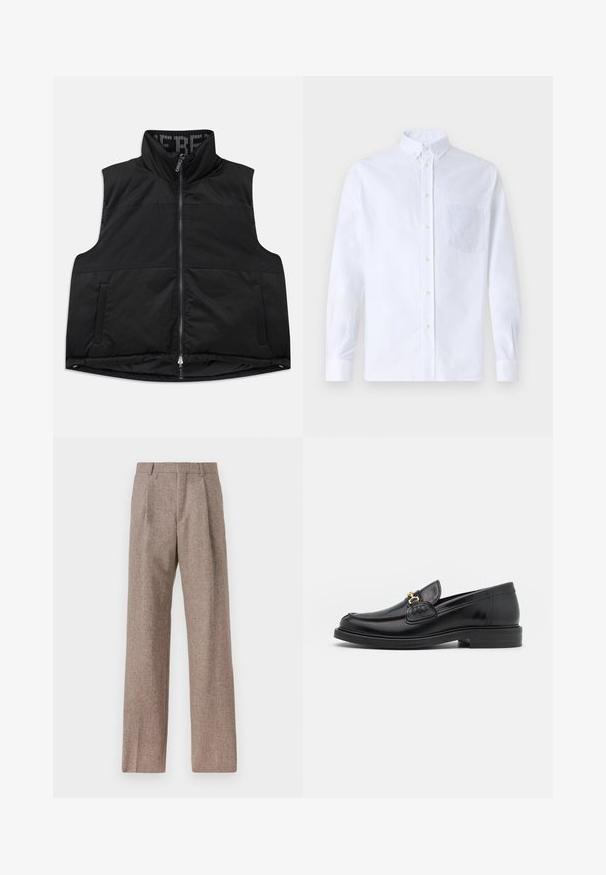 Melns bezpieka vestes, kas izgatavota no gludas, polsterētas materiāla. Tai ir augsts apkakle, priekšējais rāvējslēdzis un divas sānu kabatas. Iekšpusē ir rakstains odere.; Balts garo piedurknēm krekliņš ar pogām, izgatavots no kokvilnas, ar krūšu kabatu ar tonālu izšuvumu, apkakli un pogām pie piedurknēm.; Brūni, augstos šortos izgatavoti no teksturēta auduma. Iezīmē plašas kājas un divas priekšējās krokas, kas nodrošina struktūru. Kārtīga apdare bez redzamām detaļām.; Melnas ādas loafers ar noapaļotu degunu, ar zelta aparatūras akcentu un šuvju detaļām, uz zemas, teksturētas gumijas zoles.