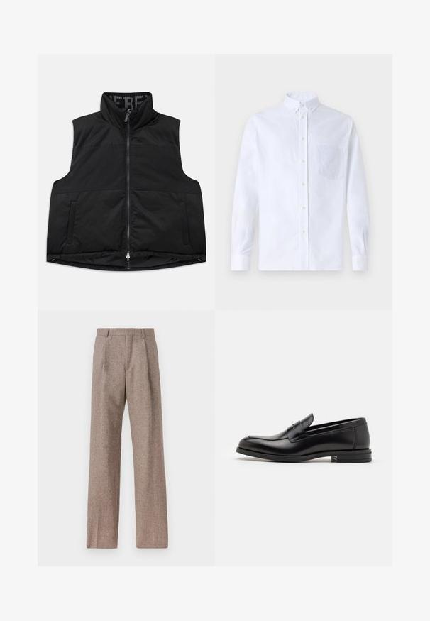 Čierny bezrukávový vest z hladkého, vyp paddingového materiálu. Obsahuje vysoký golier, predný zips a dve bočné vrecká. Vnútro má vzorovanú podšívku.; Biely dlhý rukáv košeľa s gombíkmi vyrobená z bavlny, s náprsného vrecka s tonálnou výšivkou, golierom a gombíkovými manžetami.; Hnedé, vysoké nohavice vyrobené z texturovanej látky. Majú široké nohavice a dva predné záhyby pre štruktúru. Úhľadné spracovanie bez viditeľného kovania.; Čierne kožené mokasíny s hladkou textúrou, zaoblenou špičkou a dekoračným pásikom cez priehlavok. Nízky vrstvený opätok, minimalistický dizajn.