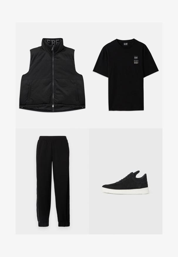 Black sleeveless vest made of smooth, padded material. Features a high collar, front zipper, and two side pockets. Interior has a patterned lining.; Black cotton t-shirt with short sleeves, a crew neck, and a small logo tag on the front featuring care symbols in white.; Black jogger pants made of soft fabric, featuring an elastic waistband, cuffed hems, and side mesh panels for added ventilation.; Black suede sneaker with a white rubber sole, featuring tonal stitching and lace-up design. Smooth texture with a modern, streamlined shape.