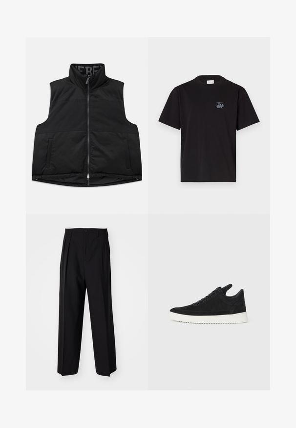 Gilet nero senza maniche realizzato in materiale liscio e imbottito. Presenta un colletto alto, una cerniera frontale e due tasche laterali. L'interno ha una fodera con motivo.; T-shirt in cotone nero con collo rotondo e maniche corte. Presenta un piccolo logo blu sul lato sinistro del petto. Design semplice e dritto.; Pantaloni neri a pieghe con un design dritto e gamba larga. Realizzati in tessuto morbido, con chiusura a bottone e passanti per cintura.; Sneaker in suede nero con suola in gomma bianca, caratterizzato da cuciture tonali e design con lacci. Texture liscia con una forma moderna e aerodinamica.