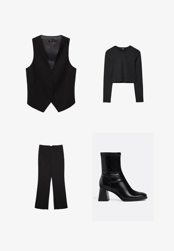 Schwarze Weste mit V-Ausschnitt, fünf Knopfverschlüssen und ohne Ärmel. Hergestellt aus einem strukturierten Stoff mit einem glatten Futter.; Schwarzes, langärmliges, kurz geschnittenes Oberteil mit Rundhalsausschnitt, schlichter Gestaltung und leicht abgerundetem Saum.; Schwarze Hose mit geradem Schnitt, ausgestattet mit Fronttaschen und Seitenschlitzen am Saum. Hergestellt aus weichem, glattem Stoff. Geeignet für verschiedene Anlässe.; Schwarze Leder-Stiefeletten mit glatter Oberfläche, quadratischer Spitze und strukturiertem Blockabsatz. Mit elastischem Knöchel-design und sichtbaren Nähten.