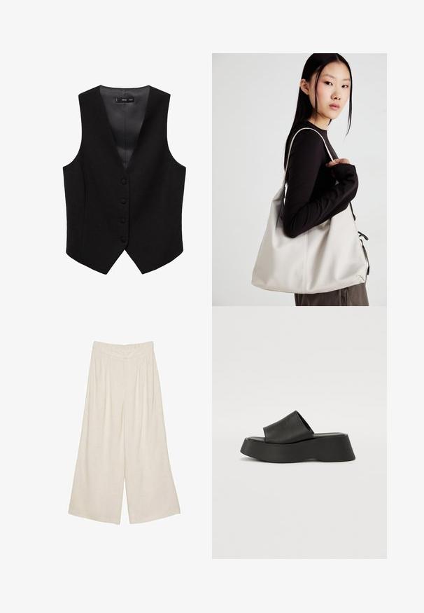 Črn telovnik z V-izrezom, petimi gumbi in brez rokavov. Narejen je iz teksturiranega materiala z gladkim podlogo.; Bela kratka majica s kratkimi rokavi iz bombaža. Ima okroglo izrezovanje in sproščen kroj. Gladka tekstura brez vidnih vzorcev ali poudarkov.; Linen široke hlače v svetlo bež barvi s plisejskim dizajnom in elastičnim pasom za udobje in enostavno nošenje.; Črne platformske sandale z širokim trakom in debelim podplatom. Narejene so iz gladkega materiala z mat površino in brez vidnih dodatkov.; Bežna torbica iz mehkega materiala, z ohlapno zasnovo, šivi in dvema naramnicama. Primerna za vsakodnevno uporabo.