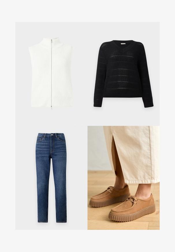 Biały bezrękawnik z dzianiny z wysokim kołnierzem i zamkiem błyskawicznym z przodu. Posiada prążkowaną teksturę i prosty dół. Minimalistyczny design.; TOM TAILOR DENIM - Sweter; Jeans z wysokim stanem w kolorze niebieskim, o prostym fasonie, z delikatnym przecieraniem, zapięciem na jeden guzik i pięcioma kieszeniami.; Tanie skórzane buty o teksturowanej powierzchni, okrągłym nosku i grubej, żłobionej podeszwie. Sznurowadła i detale szycia podkreślają design.
