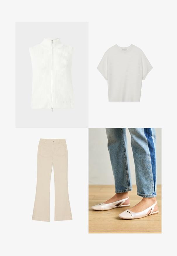 White sleeveless knit top with a high collar and front zipper. Features ribbed texture and straight hem. Minimalistic design.; White short-sleeve t-shirt with a wide crew neck and textured ribbed pattern, made of soft fabric, featuring a relaxed fit and a clean design.; Beige flared pants with a high waist, made of cotton fabric. Features front and back pockets, belt loops, and a single silver button.; Pale pink slingback flats with a pointed toe, made from a smooth leather-like material. Features cut-out details at the sides and a flat heel.