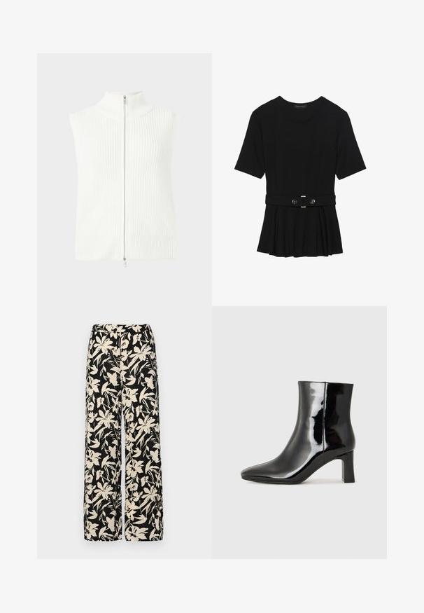 White sleeveless knit top with a high collar and front zipper. Features ribbed texture and straight hem. Minimalistic design.; Black short-sleeve top made of smooth material, featuring a peplum design and a belted waist with two round, silver-tone buttons.; Black wide-leg pants with a cream floral pattern. Made of lightweight fabric, featuring a smooth texture and a high waistband.; Black patent leather ankle boot with a pointed toe and a mid-height block heel. Smooth texture and minimalist design.